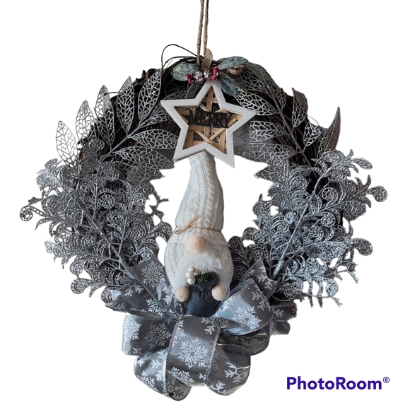 Silvery Holiday Christmas Wreath Door Hanger with Cute Gnome and Ribbon - Picture 1 of 4